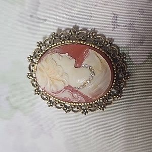 Vintage large Cameo,Rhinestone necklace, 2"